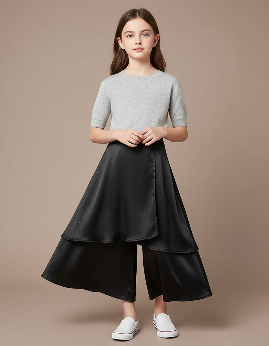 Pantalon Jupe Noir Satiné Superposé Fluide Élégant