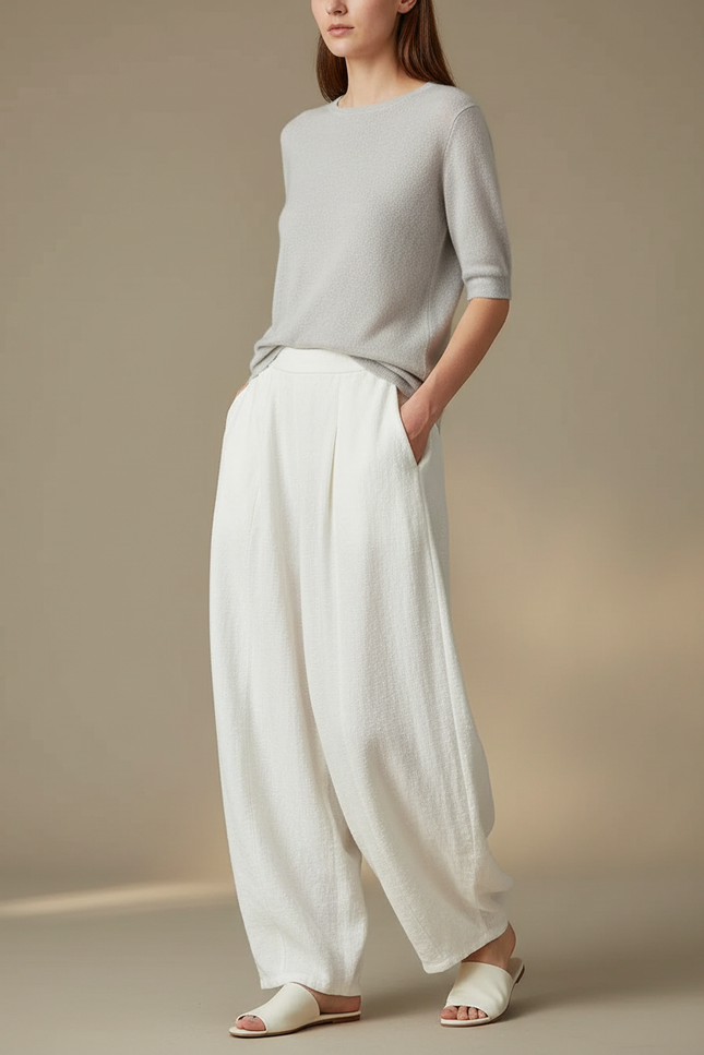 Pantalon Jupe Blanc Lin Ample Plissé Décontracté