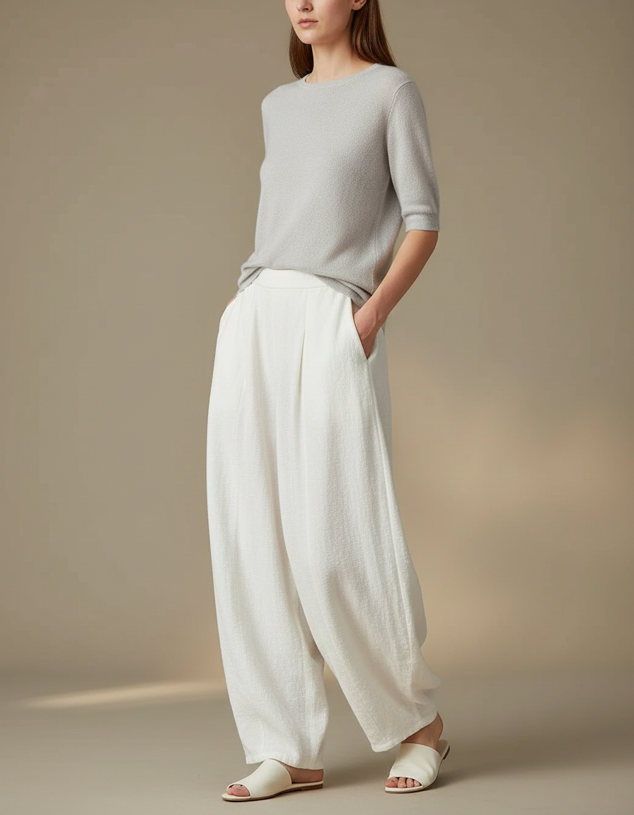 Pantalon Jupe Blanc Lin Ample Plissé Décontracté