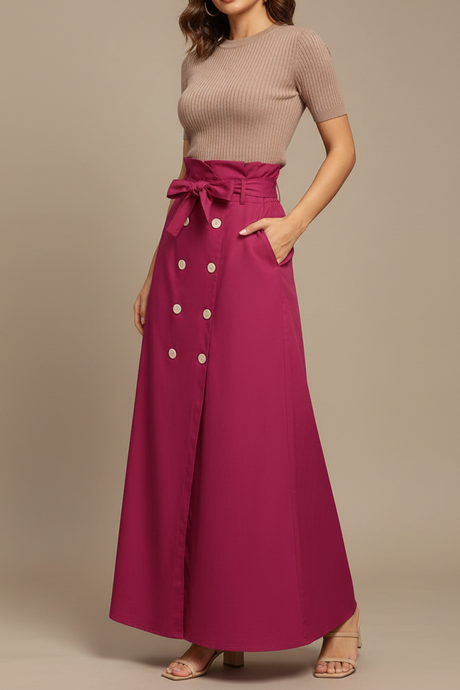 Pantalon Jupe Fuchsia Long Boutons Ceinturé Élégant - Rose Polyester