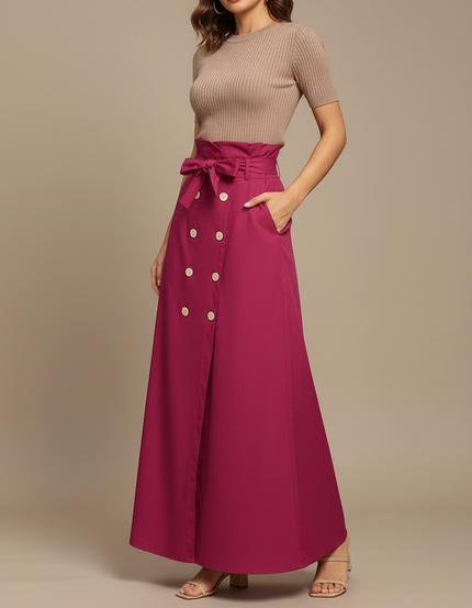 Pantalon Jupe Fuchsia Long Boutons Ceinturé Élégant - Rose Polyester