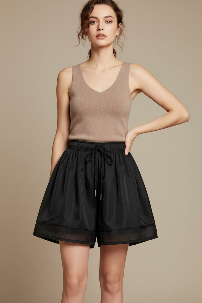 Pantalon Jupe Noir Ample Chiffon Cordon Fluide - Polyester