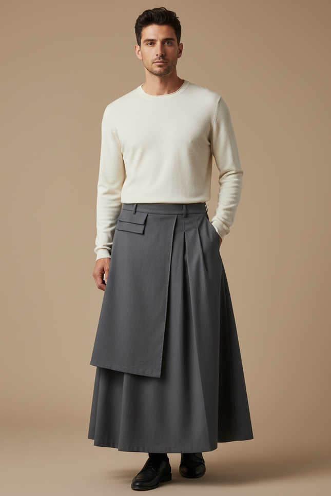 Pantalon Jupe Gris Plissé Asymétrique Long Élégant - Gabardine