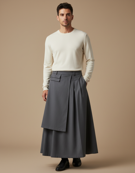 Pantalon Jupe Gris Plissé Asymétrique Long Élégant - Gabardine
