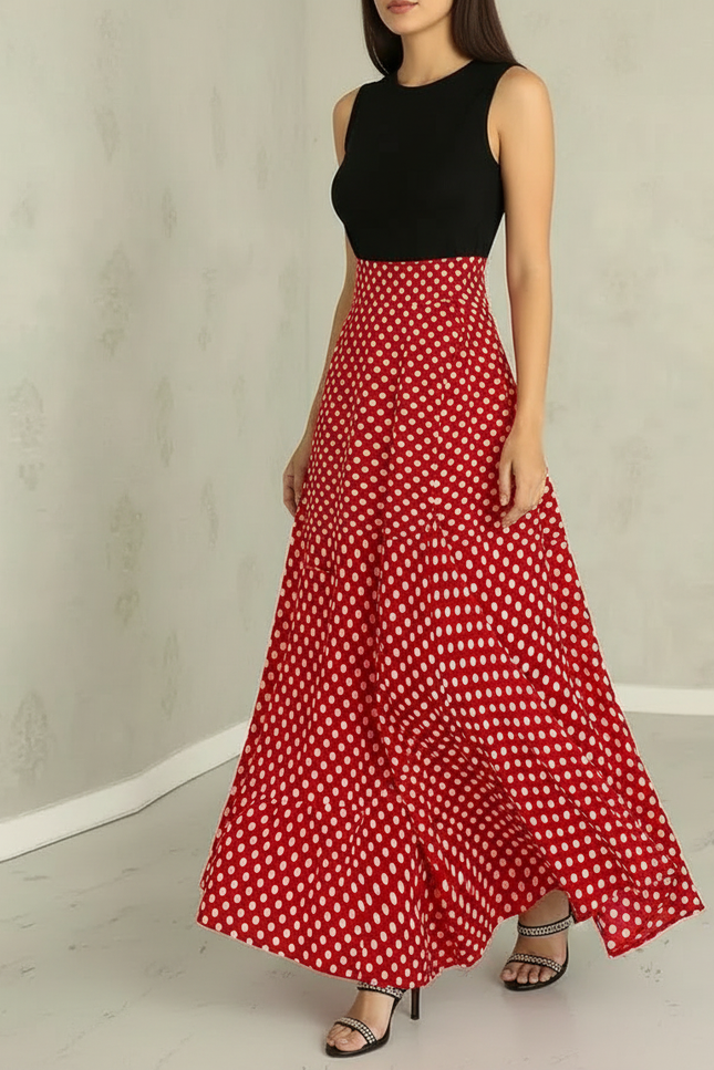 Pantalon Jupe Rouge Pois Maxi Fluide Élégant - Polyester