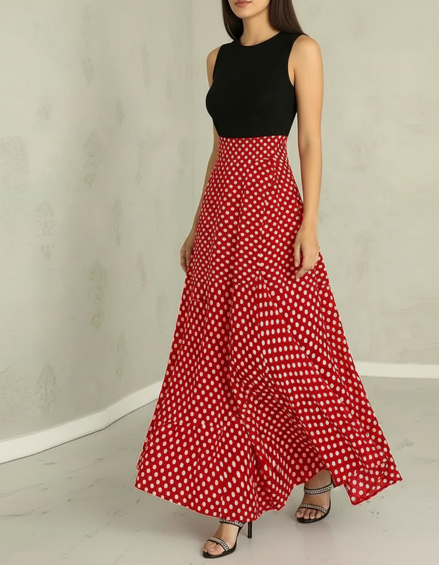 Pantalon Jupe Rouge Pois Maxi Fluide Élégant - Polyester