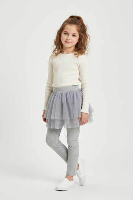 Pantalon Jupe Gris Tulle Intégré Confortable Fille - Maille