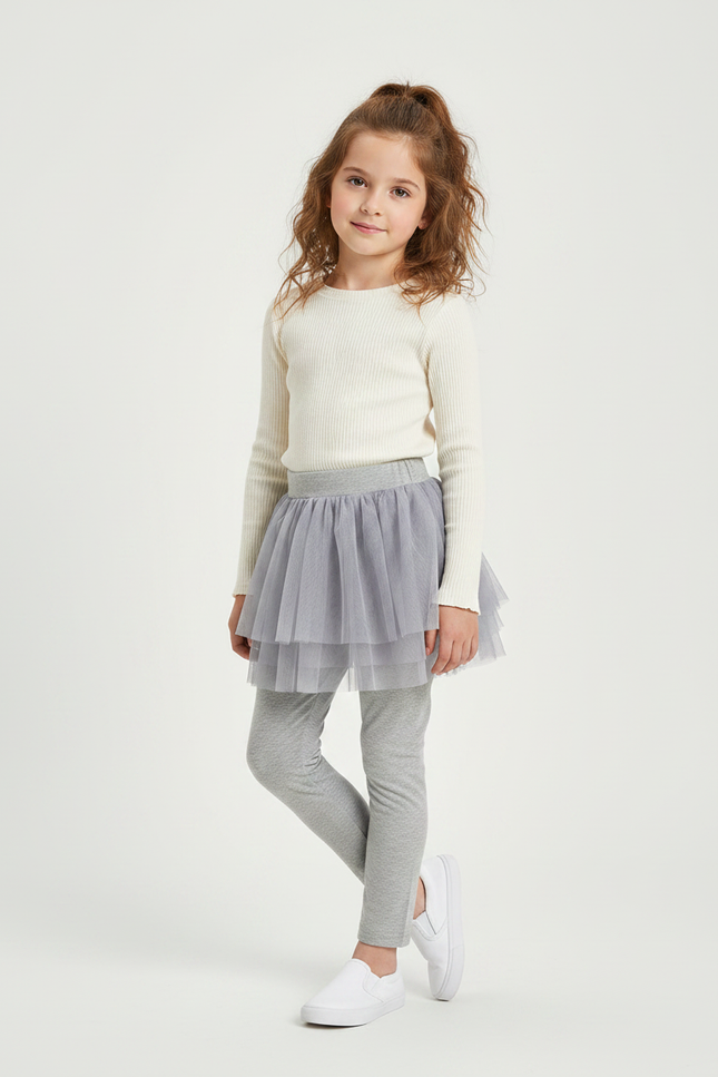 Pantalon Jupe Gris Tulle Intégré Confortable Fille - Maille