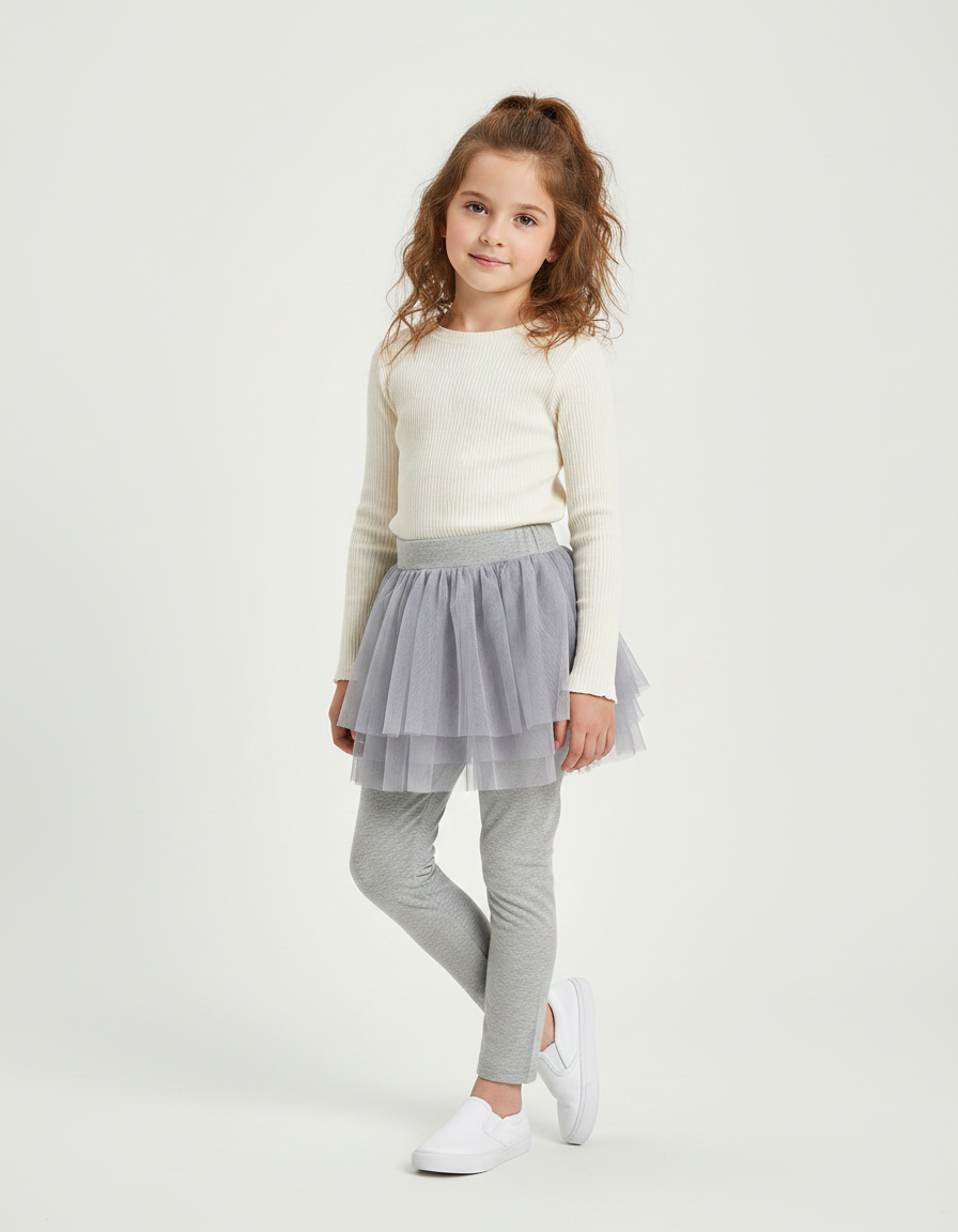 Pantalon Jupe Gris Tulle Intégré Confortable Fille - Maille