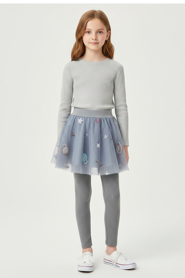 Pantalon Jupe Tulle Gris Étoiles Planètes Fille - Molleton