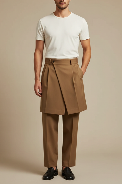 Pantalon Jupe Marron Plissé Élégant Homme Chic - Gabardine