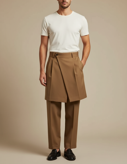 Pantalon Jupe Marron Plissé Élégant Homme Chic - Gabardine