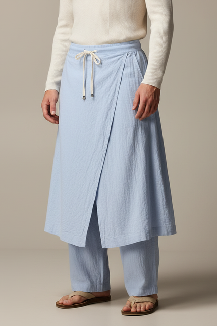Pantalon Jupe Bleu Ciel Lin Drapé Ample Décontracté
