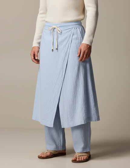 Pantalon Jupe Bleu Ciel Lin Drapé Ample Décontracté