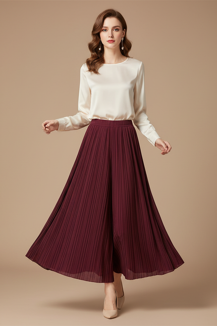 Pantalon Jupe Plissé Ample Long Bordeaux Élégant - Satin