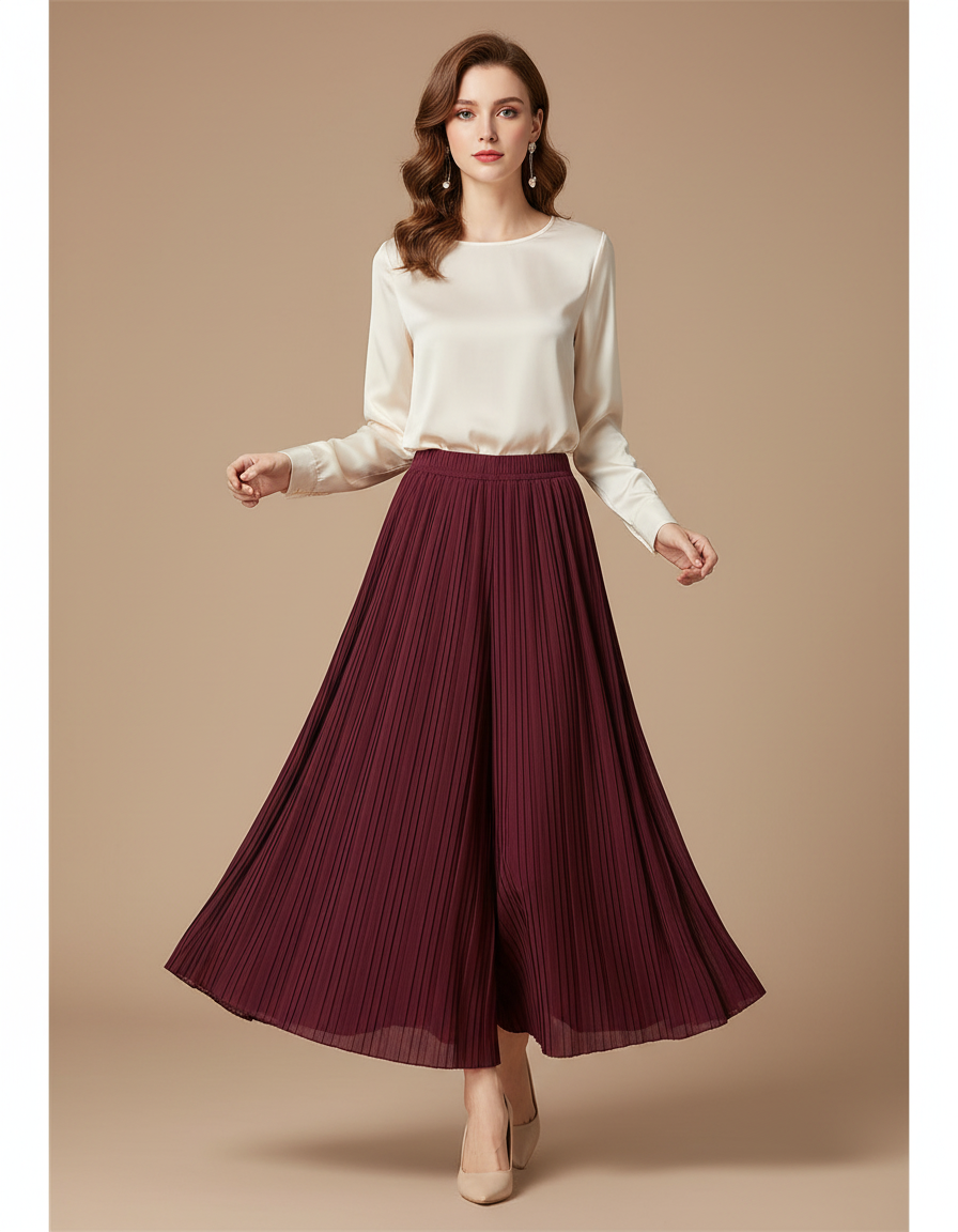 Pantalon Jupe Plissé Ample Long Bordeaux Élégant - Satin
