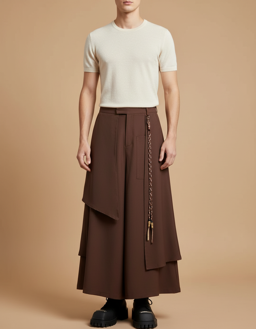 Pantalon Jupe Marron Ample Déstructuré Homme Tendance - Gabardine