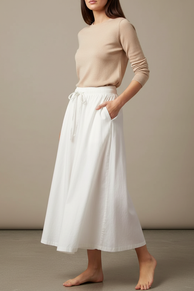 Pantalon Jupe Blanc Coton Ample Fluide Décontracté