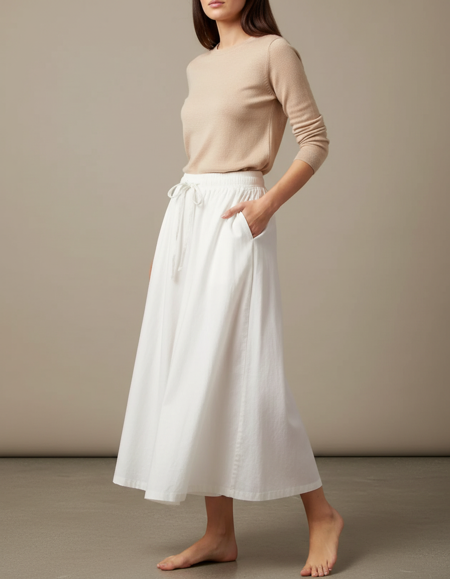 Pantalon Jupe Blanc Coton Ample Fluide Décontracté
