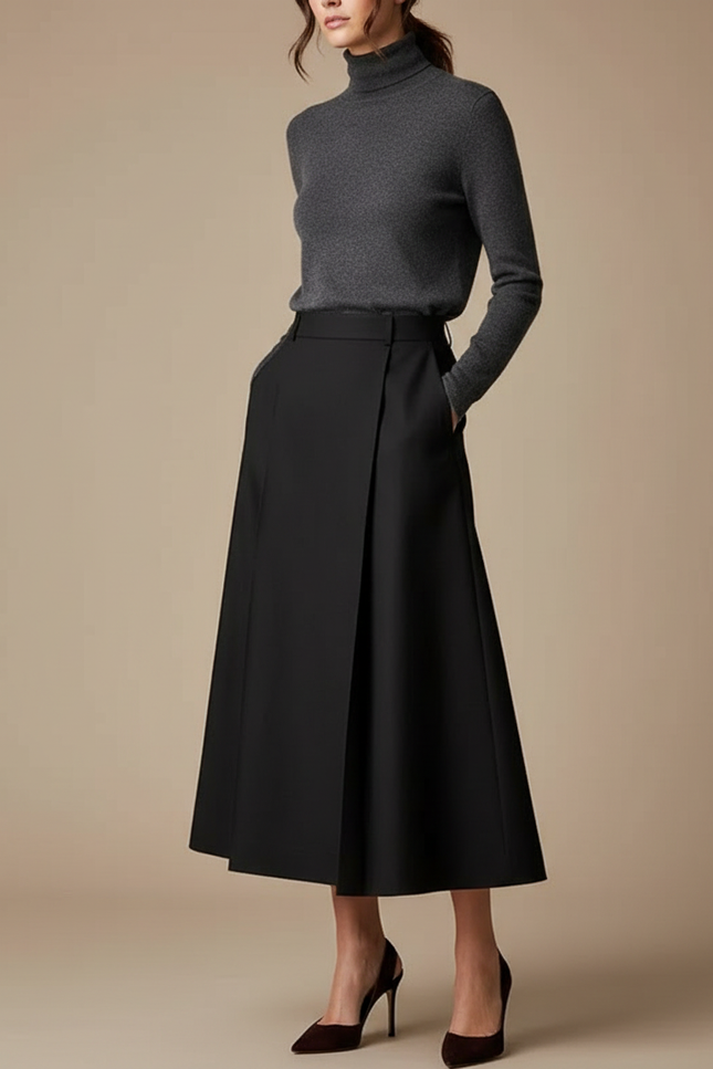 Pantalon Jupe Noir Plissé Ample Élégant Chic - Gabardine