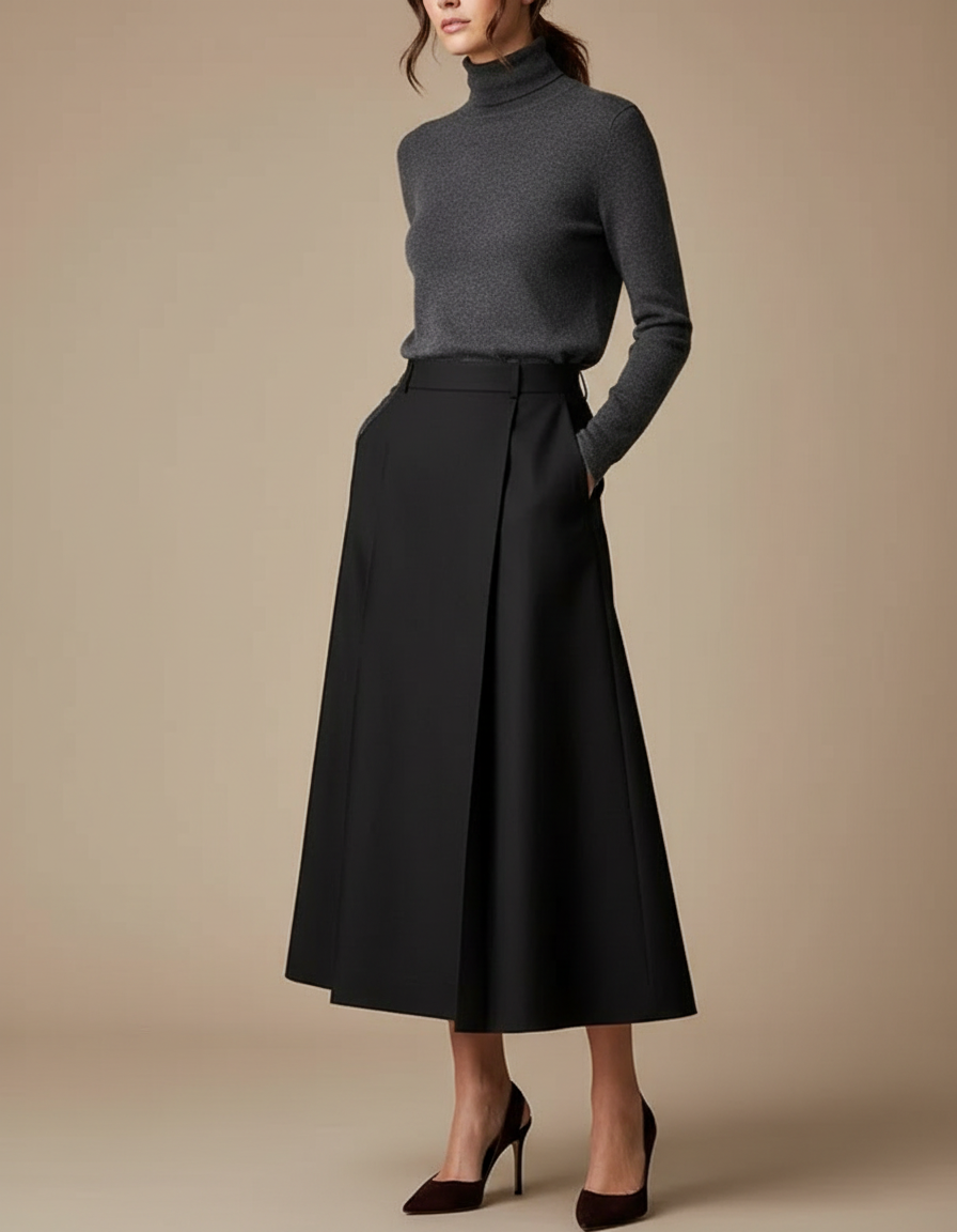 Pantalon Jupe Noir Plissé Ample Élégant Chic - Gabardine