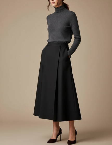 Pantalon Jupe Noir Plissé Ample Élégant Chic - Gabardine
