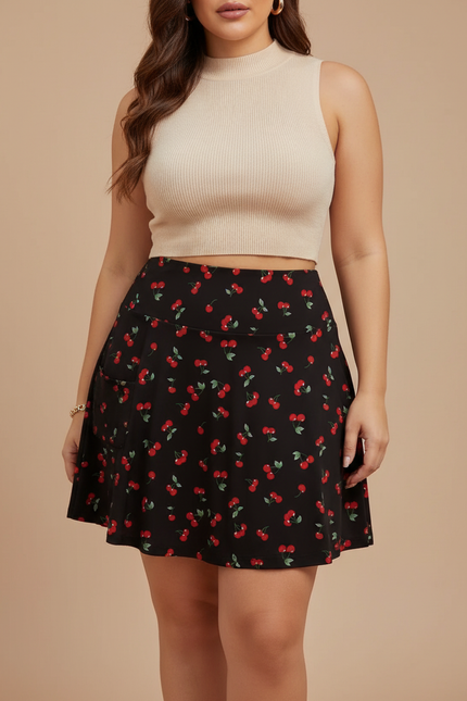 Pantalon Jupe Noir Cerises Plissé Mini Décontracté - Polyester