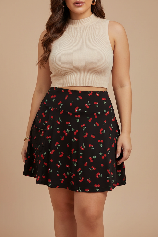 Pantalon Jupe Noir Cerises Plissé Mini Décontracté - Polyester
