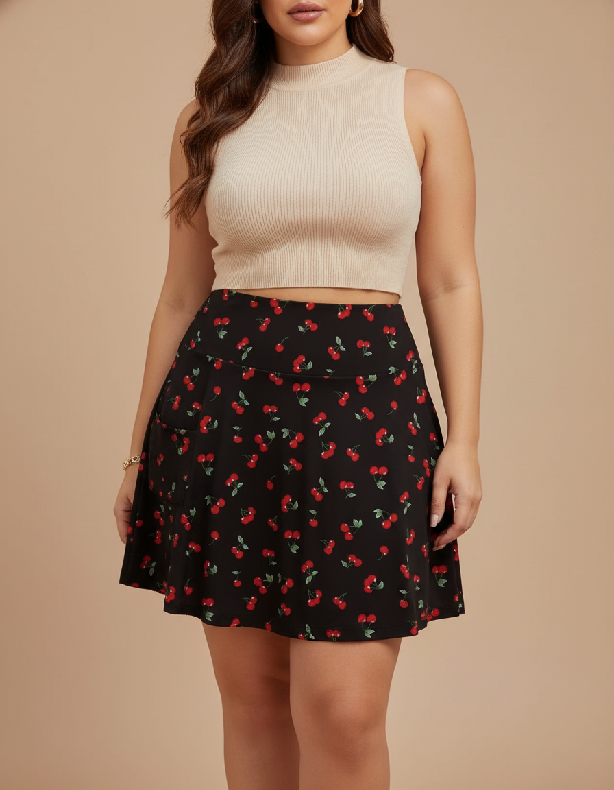 Pantalon Jupe Noir Cerises Plissé Mini Décontracté - Polyester