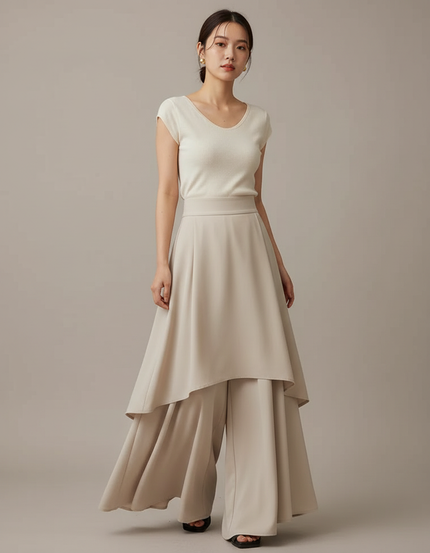 Pantalon Jupe Beige Superposé Fluide Élégant Femme - Polyester