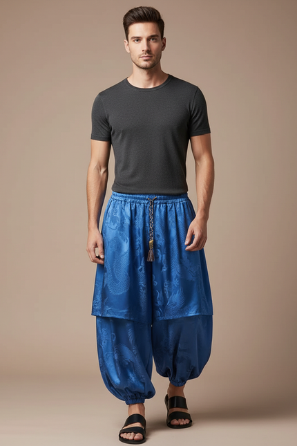 Pantalon Jupe Bleu Dragon Satiné Ample Harem