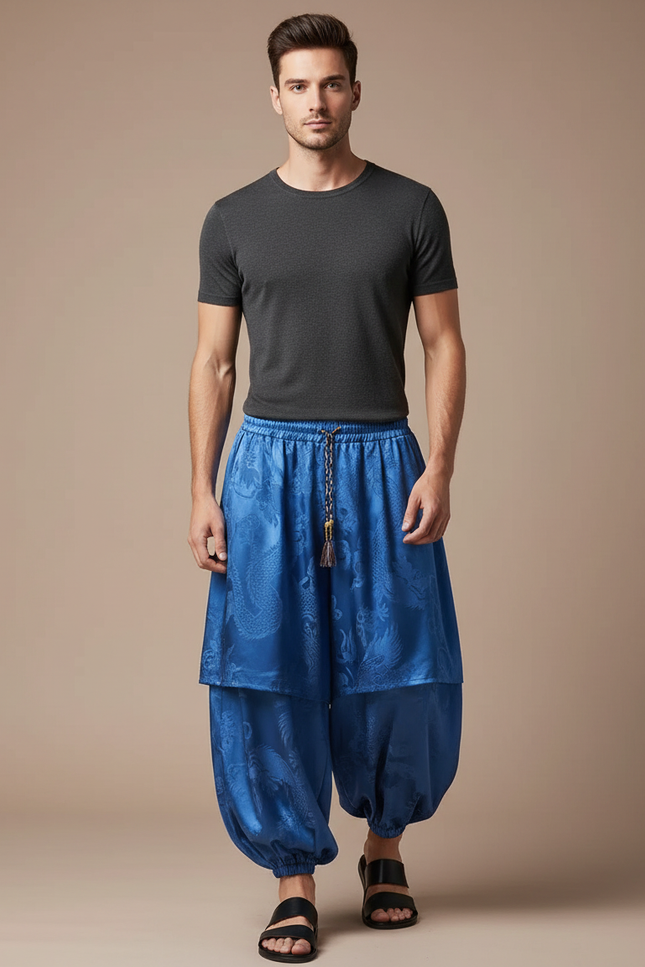 Pantalon Jupe Bleu Dragon Satiné Ample Harem