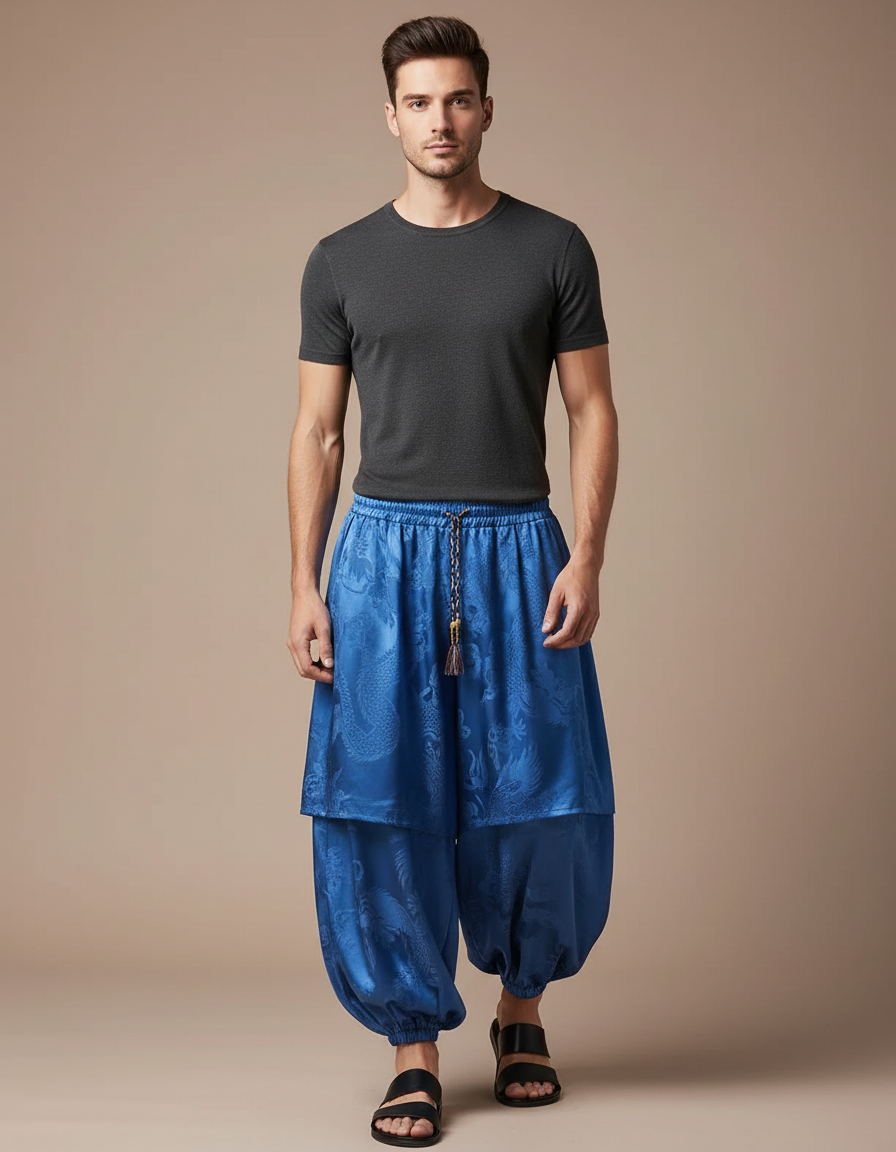 Pantalon Jupe Bleu Dragon Satiné Ample Harem