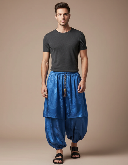 Pantalon Jupe Bleu Dragon Satiné Ample Harem