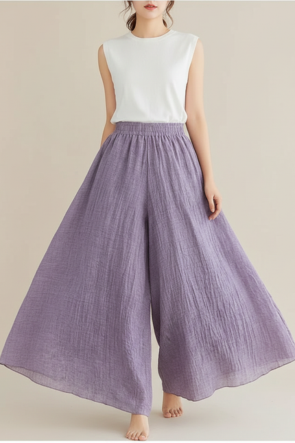 Pantalon Jupe Violet Ample Lin Coton Fluide Femme
