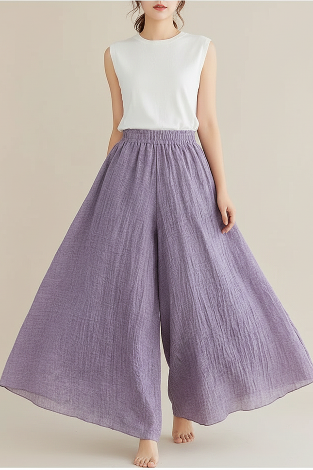 Pantalon Jupe Violet Ample Lin Coton Fluide Femme