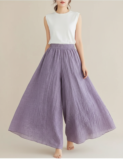 Pantalon Jupe Violet Ample Lin Coton Fluide Femme