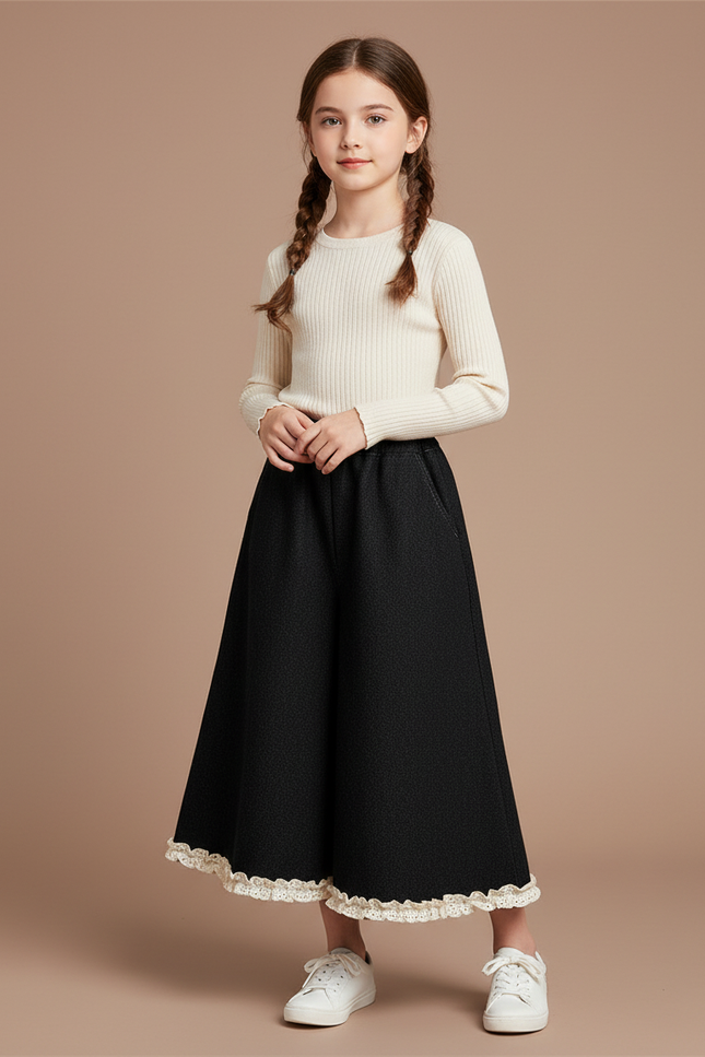 Pantalon Jupe Noir Ample Dentelle Enfant - Tweed