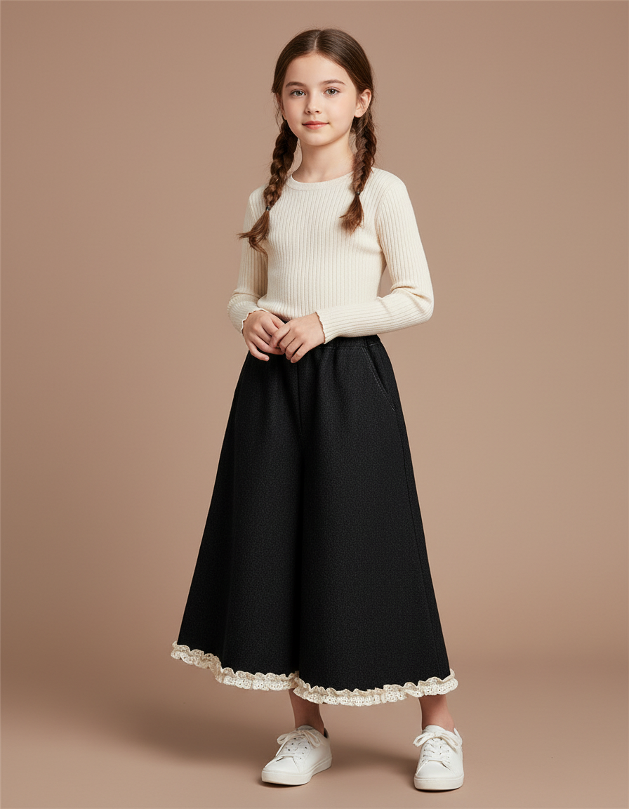 Pantalon Jupe Noir Ample Dentelle Enfant - Tweed
