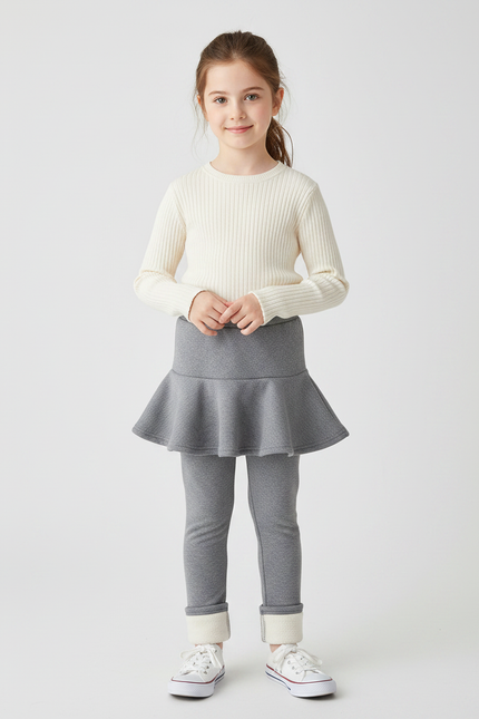 Pantalon Jupe Gris Évasé Doublé Chaud Confortable Fille - Molleton