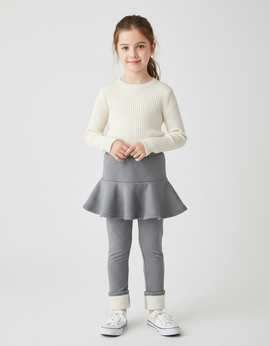 Pantalon Jupe Gris Évasé Doublé Chaud Confortable Fille - Molleton
