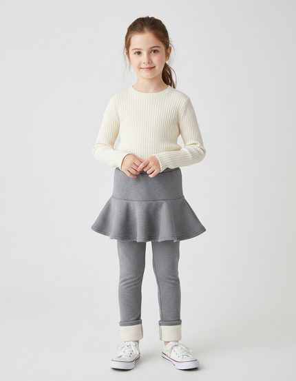 Pantalon Jupe Gris Évasé Doublé Chaud Confortable Fille - Molleton