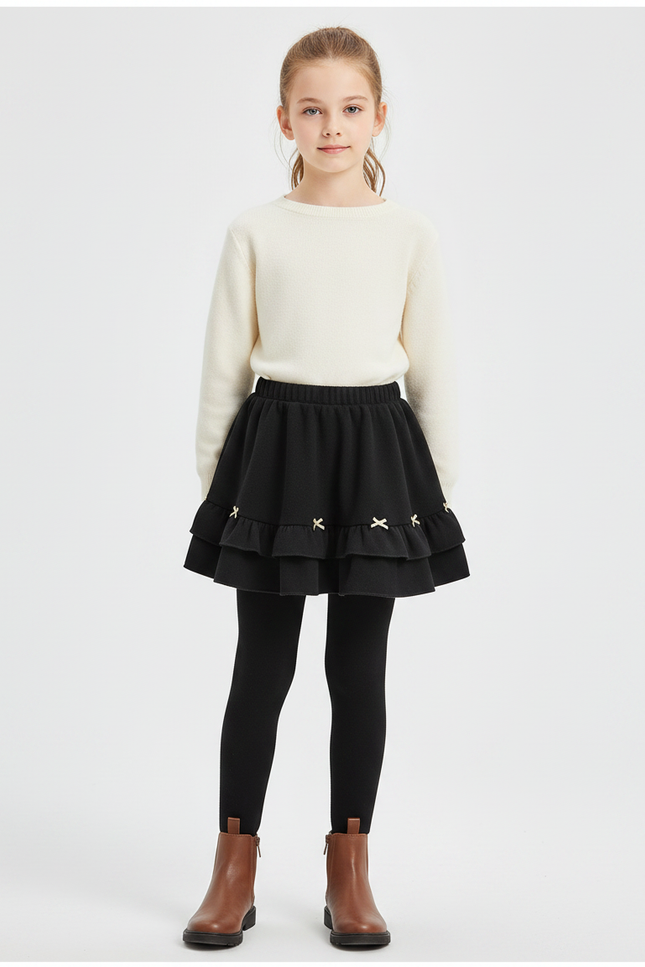 Pantalon Jupe Noir Volants Nœuds Doublé Chaud Fille - Molleton