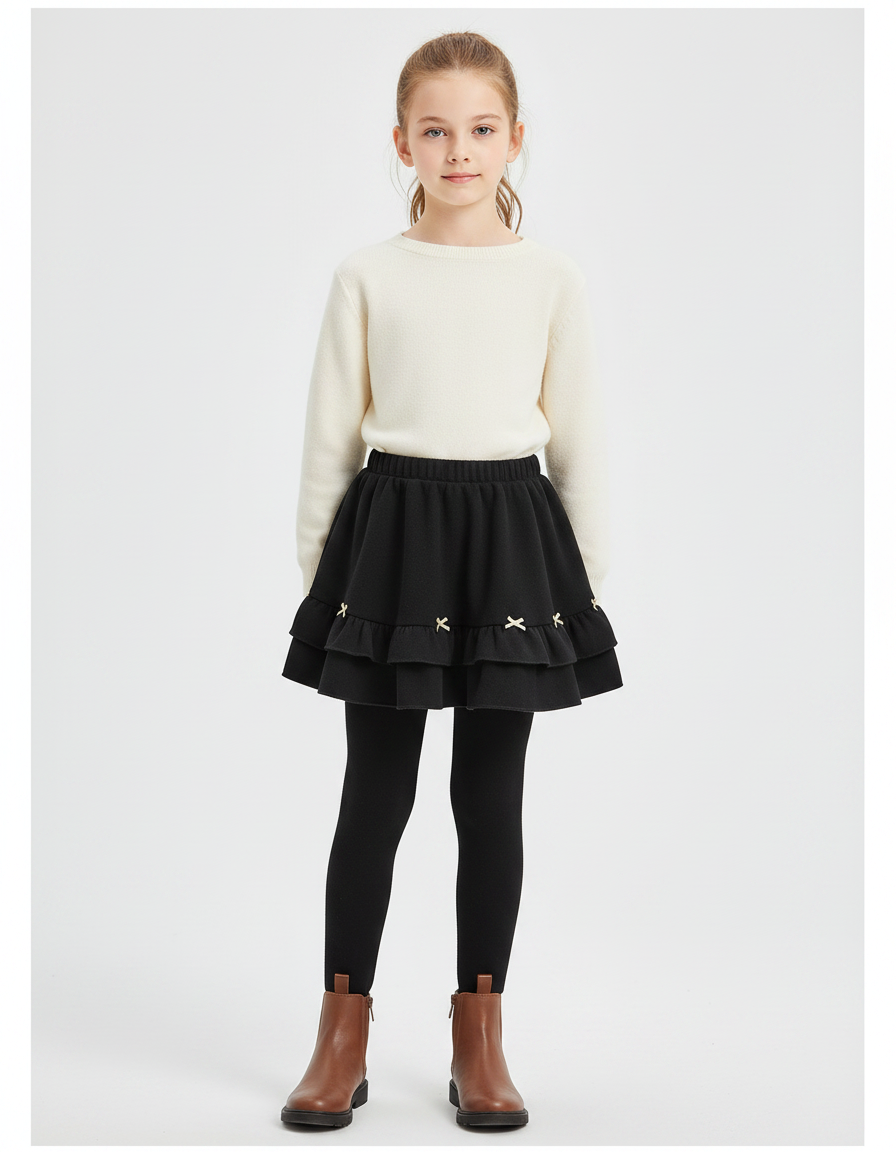 Pantalon Jupe Noir Volants Nœuds Doublé Chaud Fille - Molleton
