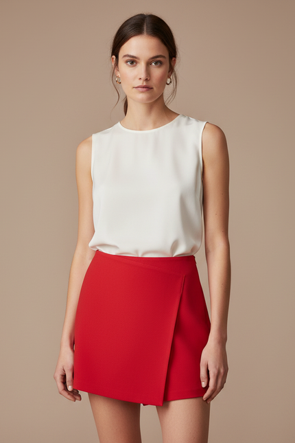Pantalon Jupe Rouge Asymétrique Élégant Décontracté Femme - Gabardine