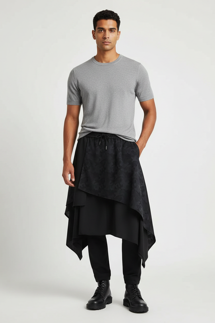 Pantalon Jupe Noir Asymétrique Superposé Imprimé Décontracté Homme - Polyester