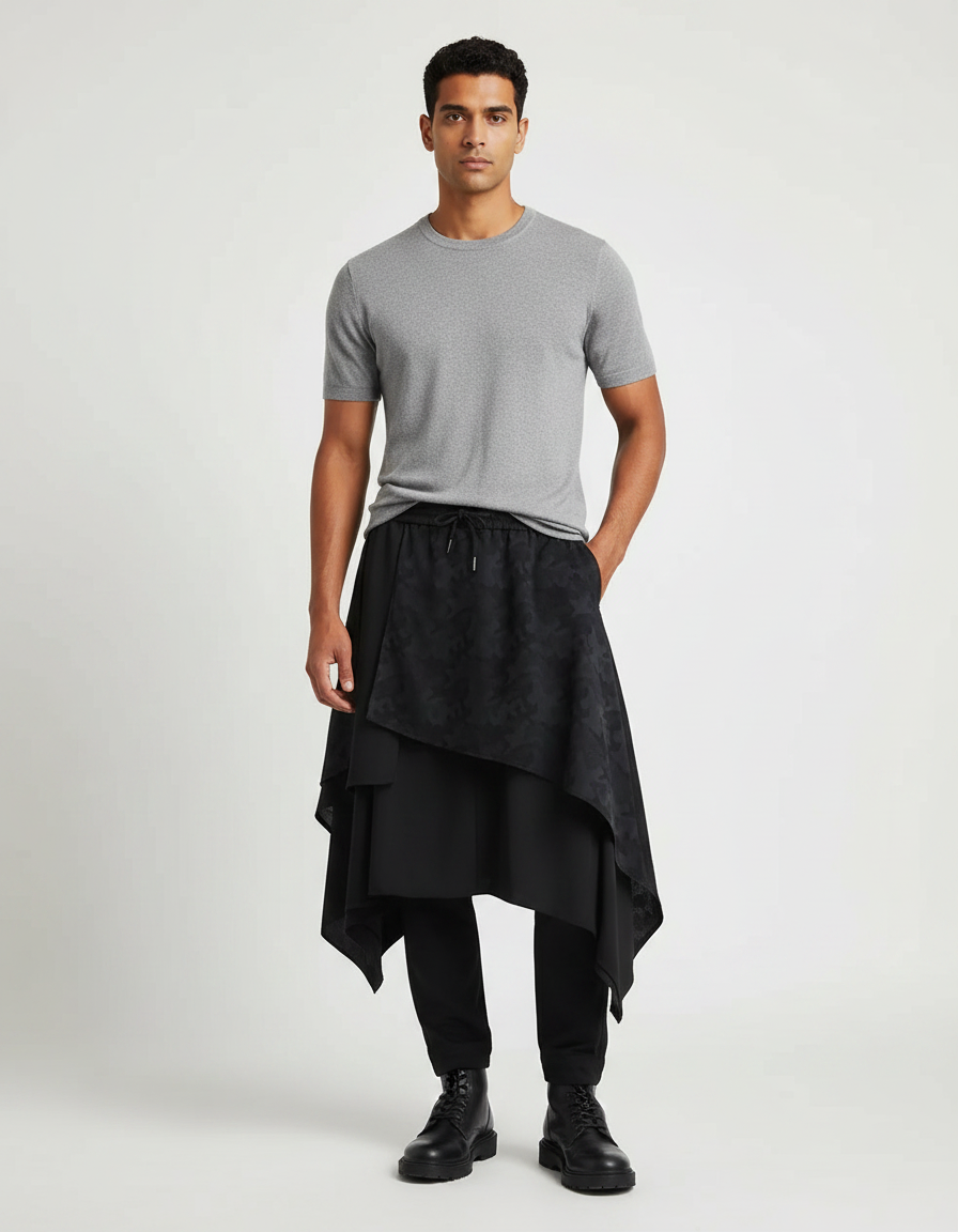 Pantalon Jupe Noir Asymétrique Superposé Imprimé Décontracté Homme - Polyester