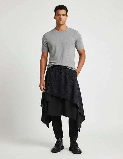 Pantalon Jupe Noir Asymétrique Superposé Imprimé Décontracté Homme - Polyester