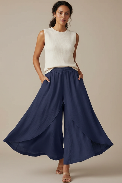 Pantalon Jupe Bleu Marine Ample Lin Fluide Superposé