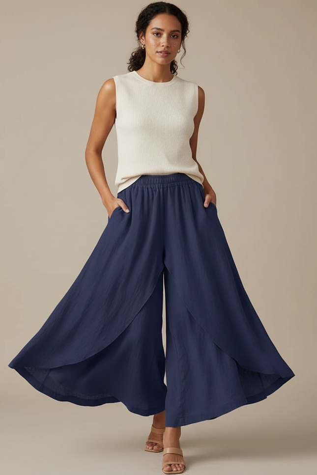 Pantalon Jupe Bleu Marine Ample Lin Fluide Superposé